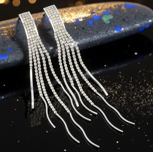 Dazzling Rhinestone Silver Plated Party Drop Earrings | 925 Sterling Posts - Picture 11 of 13